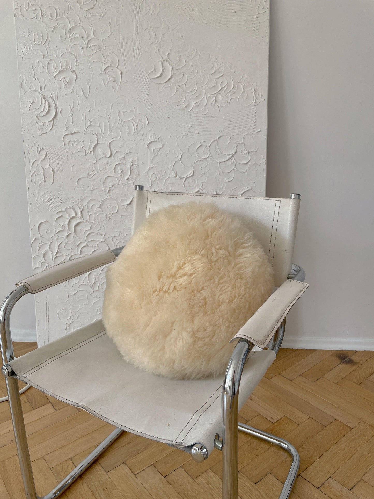 Round Natural Sheepskin Pillow - White-1