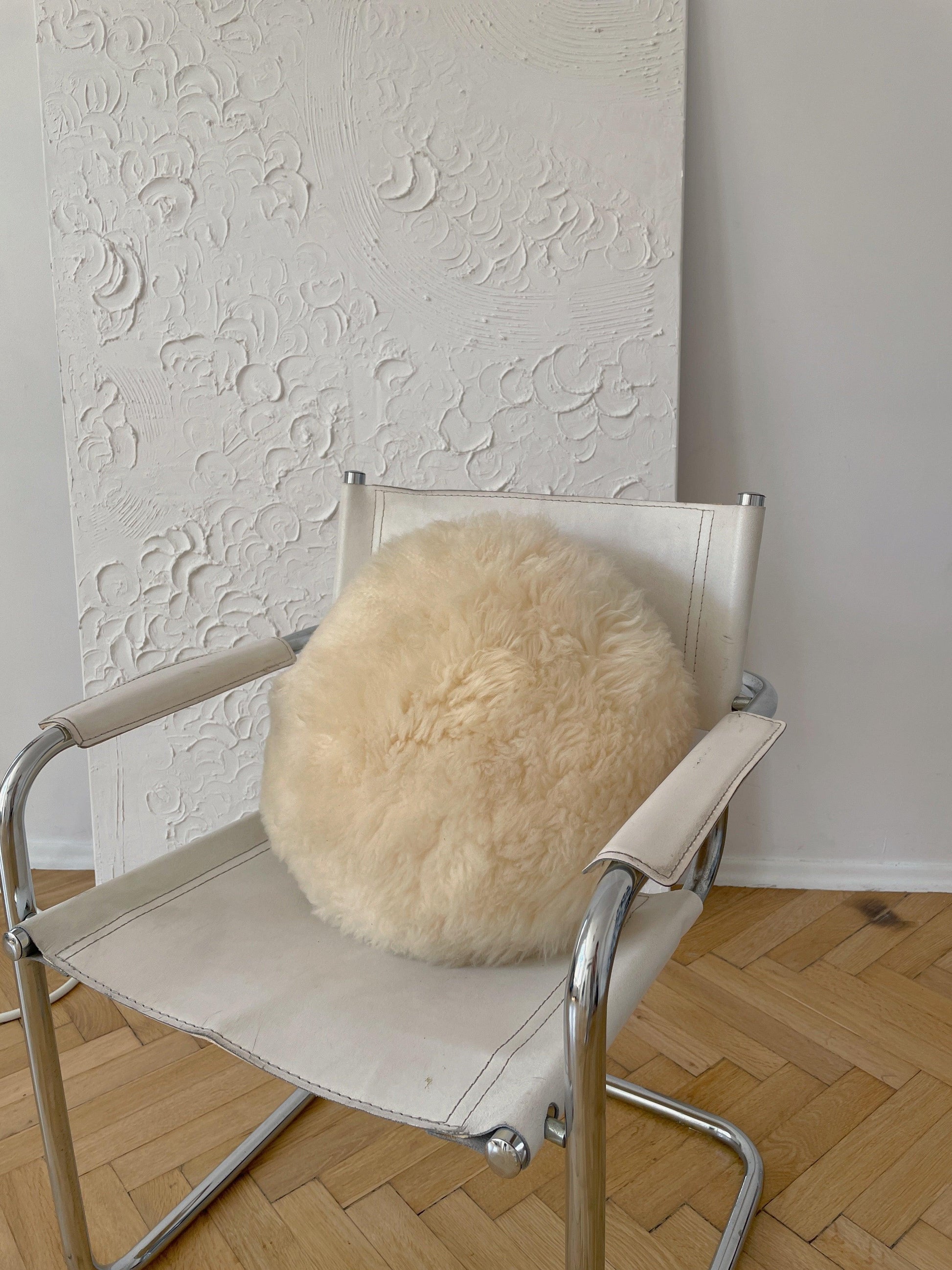 Round Natural Sheepskin Pillow - White-1